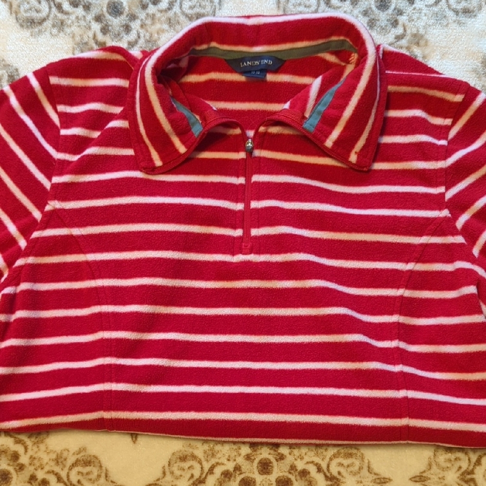 Lands' End Red and White Striped Fleece Pullover with Collar - Picture 4 of 5